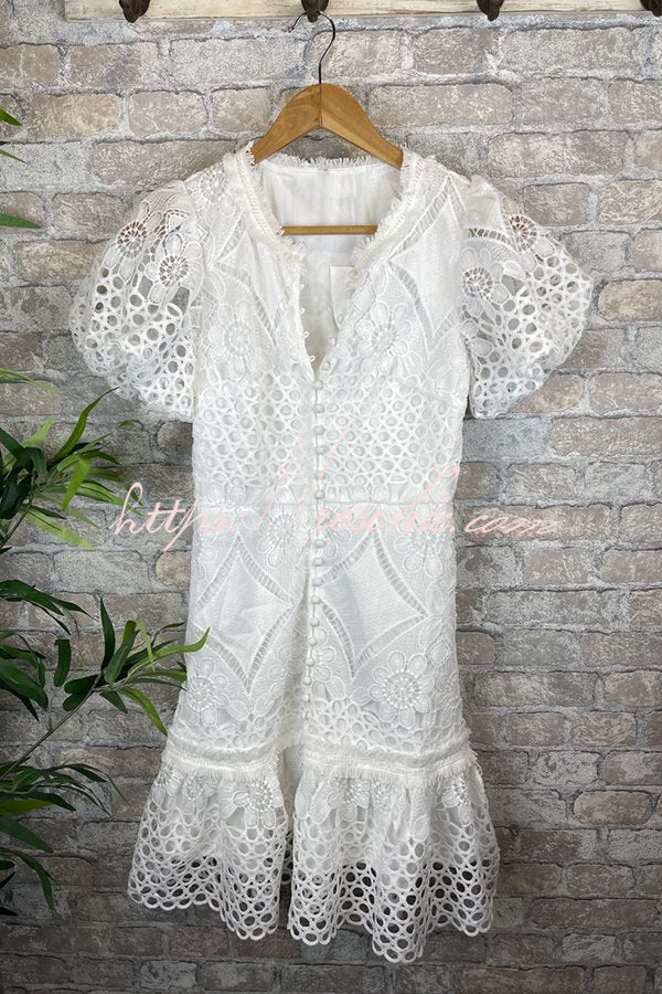 Sweet Valor Crochet Lace Puff Sleeve Button Up Mini Dress