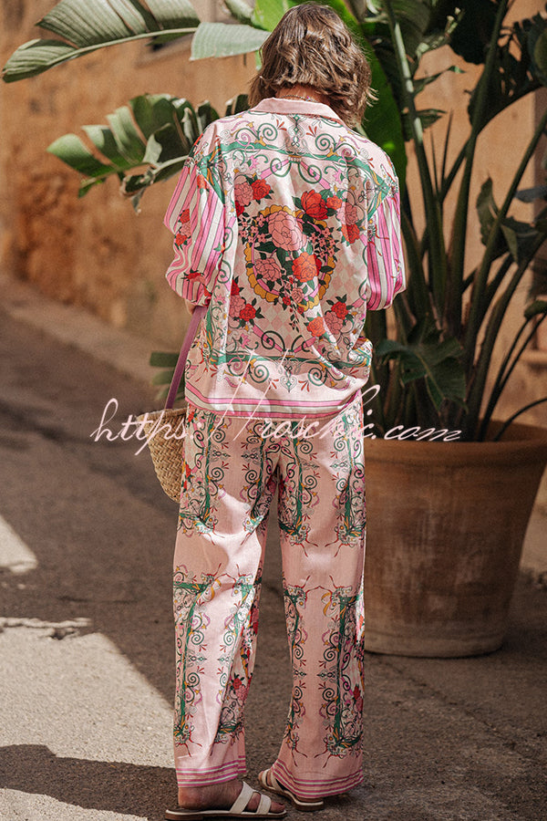 Floral Charm Unique Print Loose Blouse and Elastic Waist Pocketed Pants Set