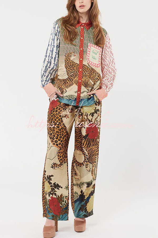 Tropical Jungle Tiger Unique Print Long Sleeve Loose Shirt and Elastic Waist Pants Set