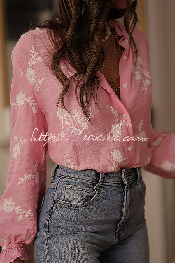 Floral Embroidery Long-Sleeved Button-Up Elegant Shirt