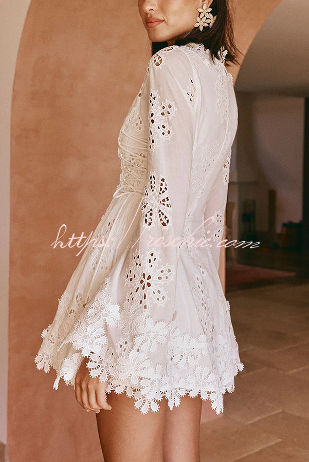 Diaz Embroidery Hollow Fabric Delicate Flower Trim Long Sleeve Side Lace-up Mini Dress
