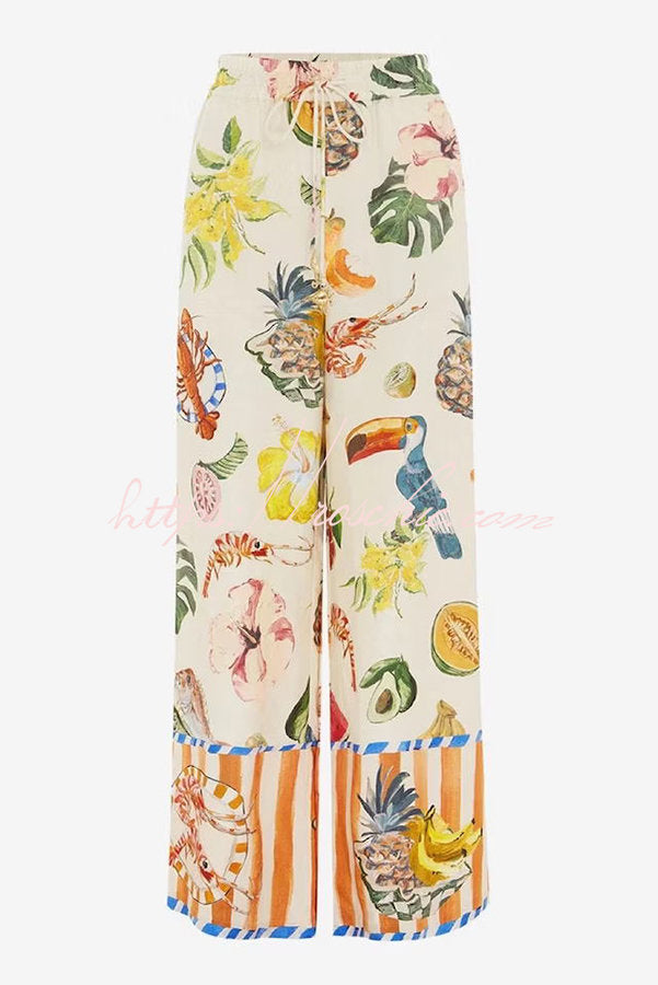 Perfect Day Linen Blend Tropical Fruit Print Elastic Waist Pocketed Wide Leg Pants