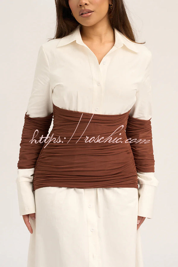 Fashionable Pleated Contrast Patchwork Waist Long Sleeve Button Shirt Maxi Dress