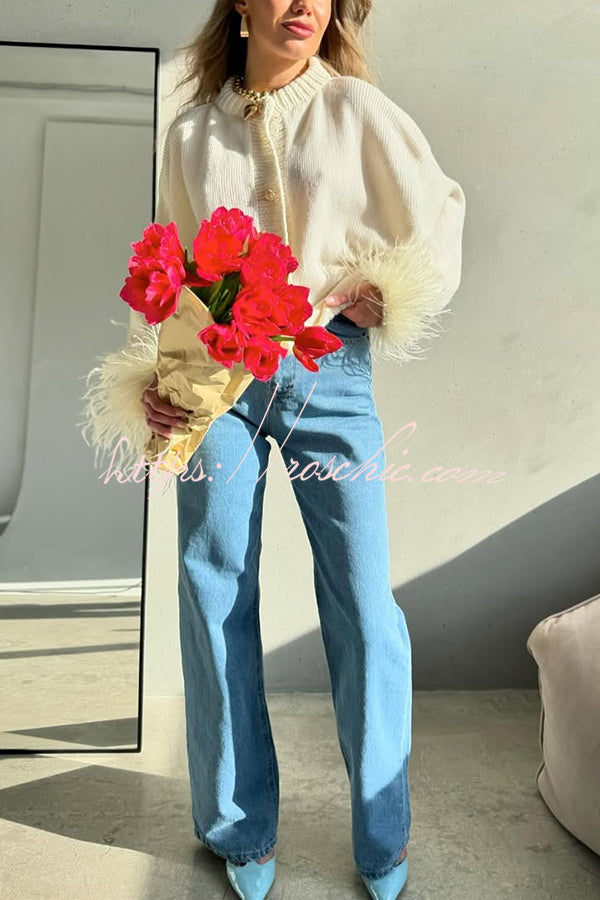 Solid Color Elegant Feather Long Sleeve Casual Knitted Cardigan