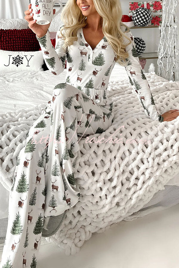 Start The Festival Tree Elk Print Ribbed Elastic Waist Lounge Pajama Set