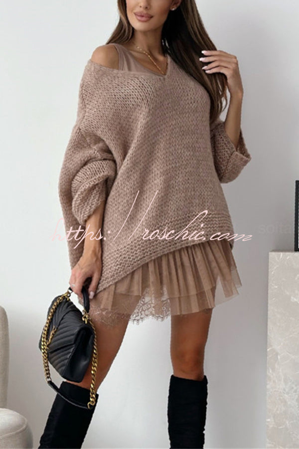 Solid Color Loose V-neck Casual Knitted Sweater