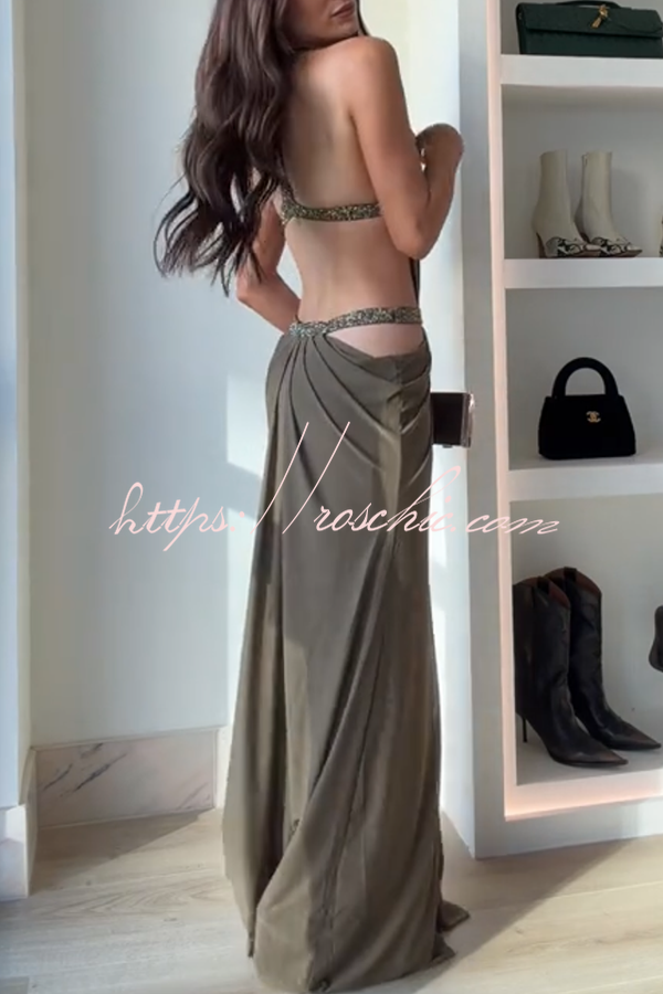 Khaki Hot-fix Rhinestone Shoulder Strap Cutout Design Backless Drape Maxi Dress