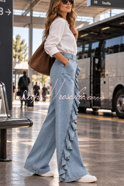 Uniquely Designed Denim Mid Rise Irregular Ruffles Pocket Wide Leg