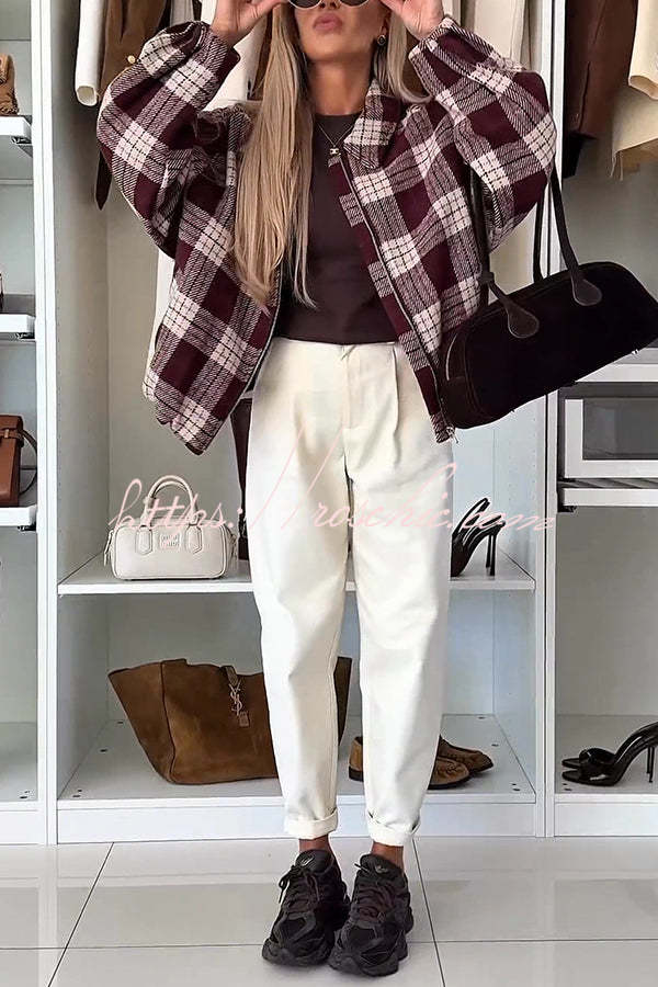Fashion Plaid Print Lapel Long Sleeve Loose Zipper Jacket