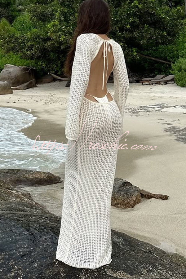 Bahamas Knit Long Bell Sleeve Sexy Backless Holiday Cover-up Maxi Dress