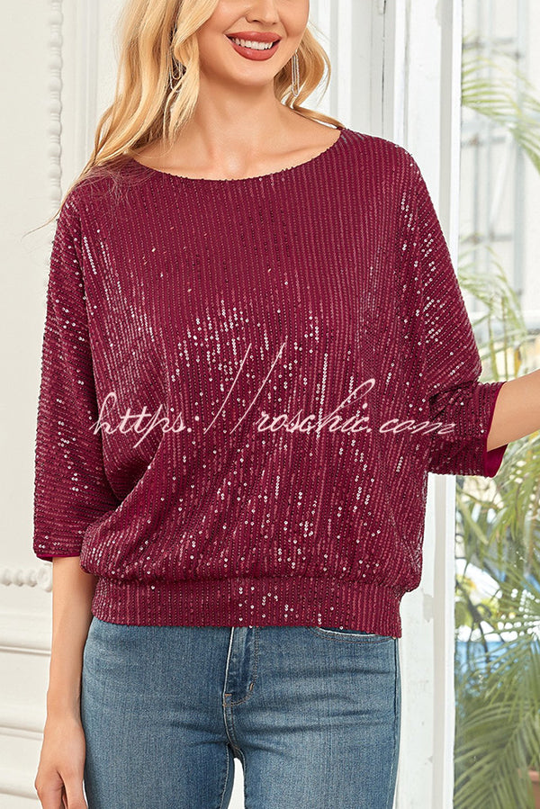 Solid Color Sequined Loose Round Neck Casual Top