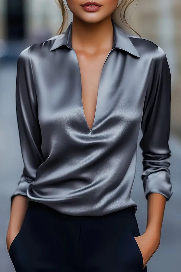 Solid Color Satin V-neck Long-sleeved Casual Shirt