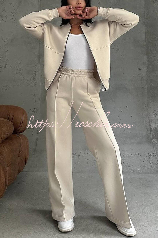 Solid Color Casual Long Sleeve Zipper Jacket and Elastic Waist Pocket Wide Leg Pants Set