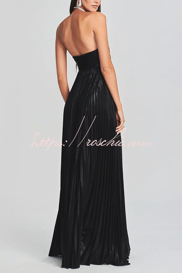 Metallic Sexy Tube Top Pleated High Slit Maxi Dress