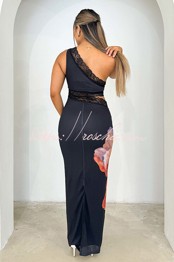 Irae Mesh Floral Print One Shoulder Cutout Lace Trim Stretch Maxi Dress