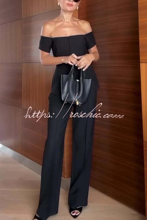 Solid Color Off-the-shoulder Single-breasted Top and Casual Pocket Straight-leg Pants Set