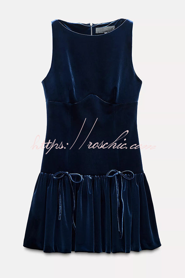 Solid Velvet Bow Embellished Sleeveless Mini Dress