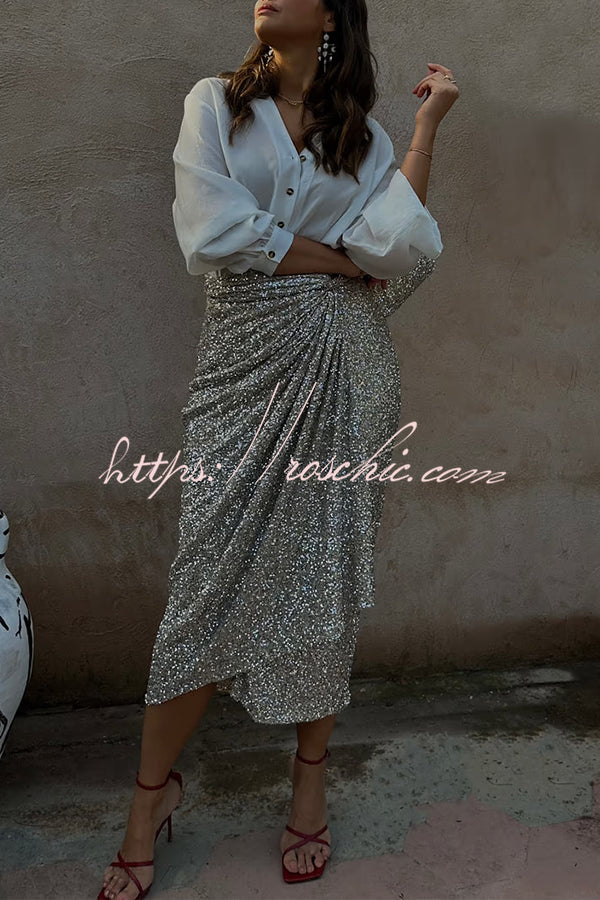 Disco Dancing Queen Sequin Wrap Tie-up Slit Midi Skirt