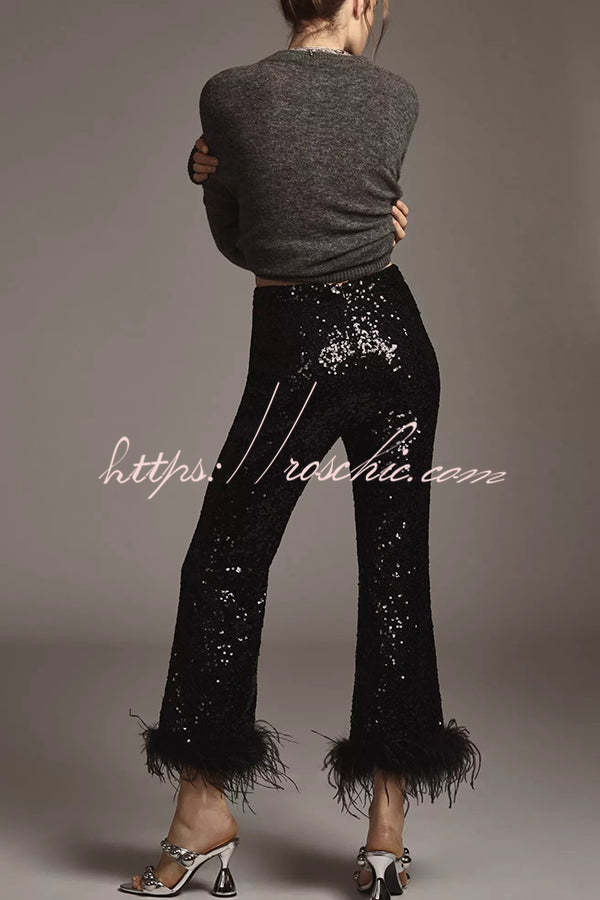 New Year Eve Sequin Feather Trim High Rise Back Zipper Flare Pants