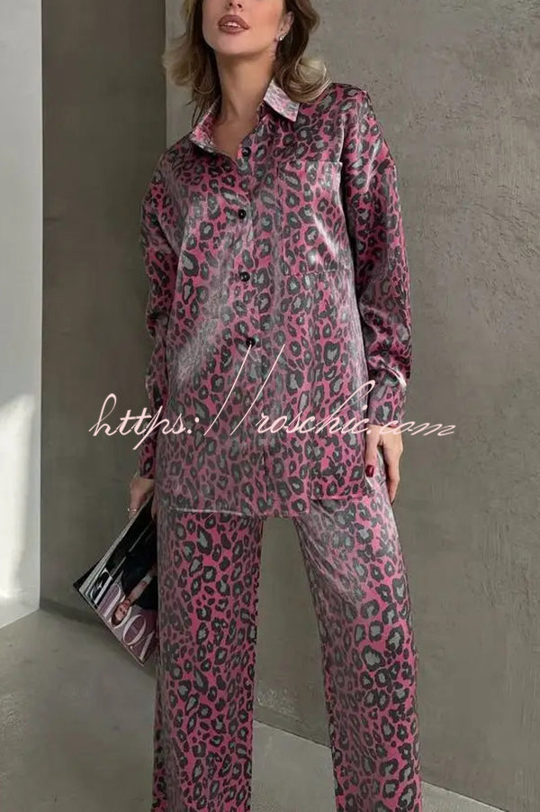 Leopard Print Long-sleeved Casual Top and Loose Elastic Waist Tie Pants Set