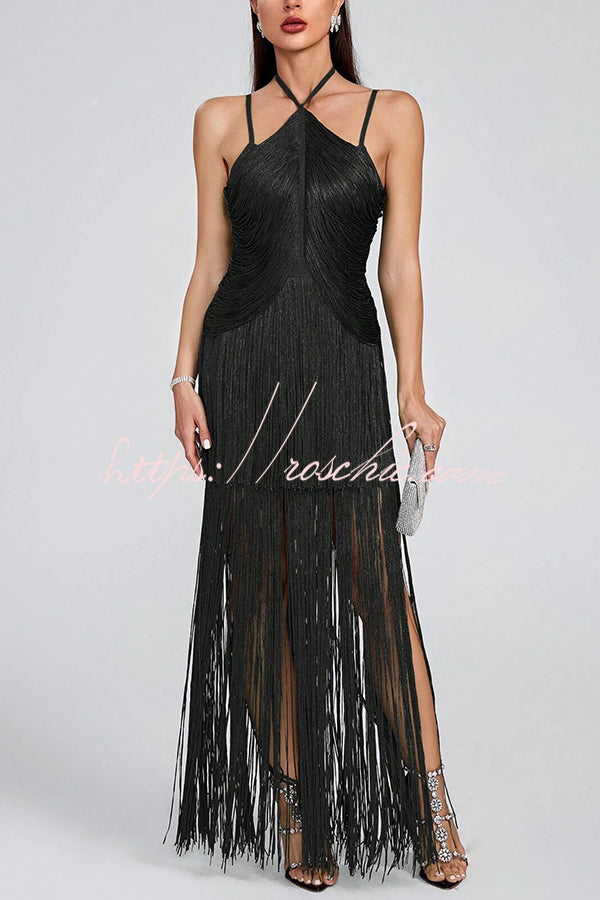 Sexy Halterneck Open Back Elegant Tassel Slim Maxi Dress