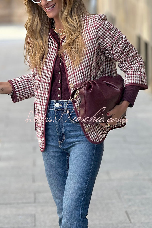 Warm Texture Plaid Button Quilted Pocket Loose Cotton Jacket