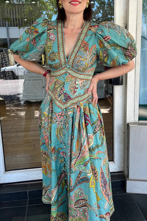 Chic Vacation Linen Blend Unique Print Button Puff Sleeve Pocket Maxi roschic Chic Vacation Linen Blend Unique Print Button Puff Sleeve Pocket Maxi roschic