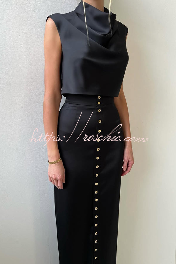 Solid Color Casual Sleeveless Crop Top and Elegant Button-down Maxi Skirt Set
