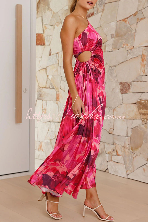 Laken Floral Print One Shoulder Adjustable Tie Cutout Pleated Maxi Dress