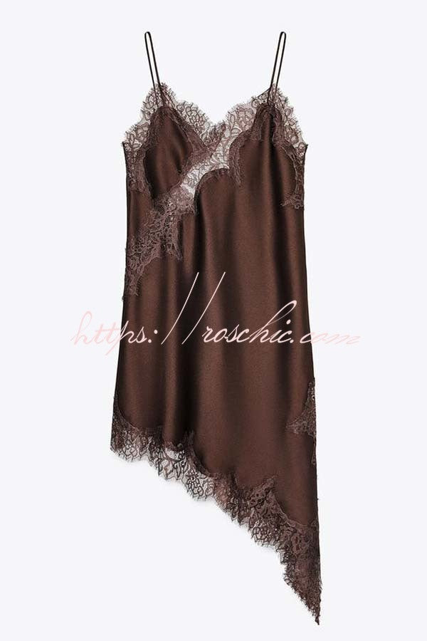 Elouise Satin Lace Trim V-neck Asymmetrical Hem Slip Mini Dress