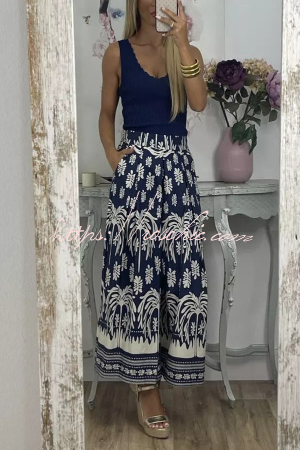 Unique Print Elastic Waist Loose Pocket Holiday Wide Leg Pants