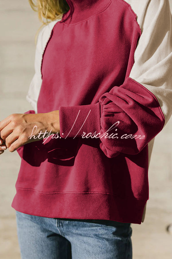 Fashionable Contrast Color Stitching Long Sleeve Loose Sweatshirt