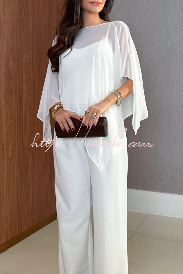 Vanie Chiffon Cape Batwing Sleeve Top and High Waist Pocket Wide Leg Pants Set