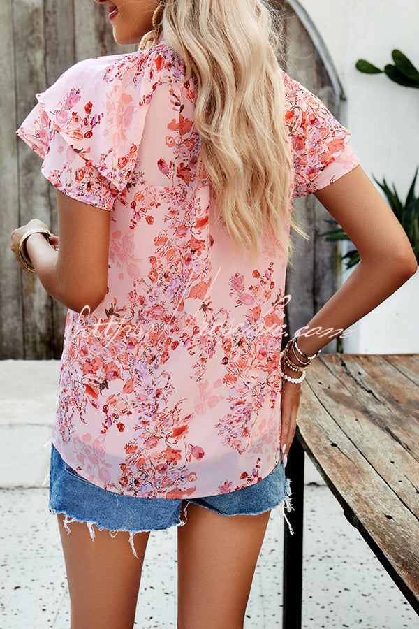 Floral Print Paneled Pleated Crew Neck Pullover Short Sleeved Top