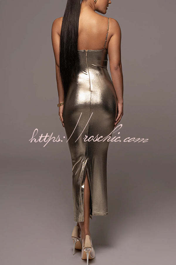 Visions of You Metallic Fabric Cowl Neck Removable Straps Stretch Midi Dress