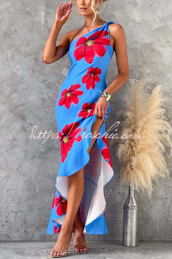 Stunning Muse Floral Print One Shoulder Irregular Ruffles Slit Maxi Dress