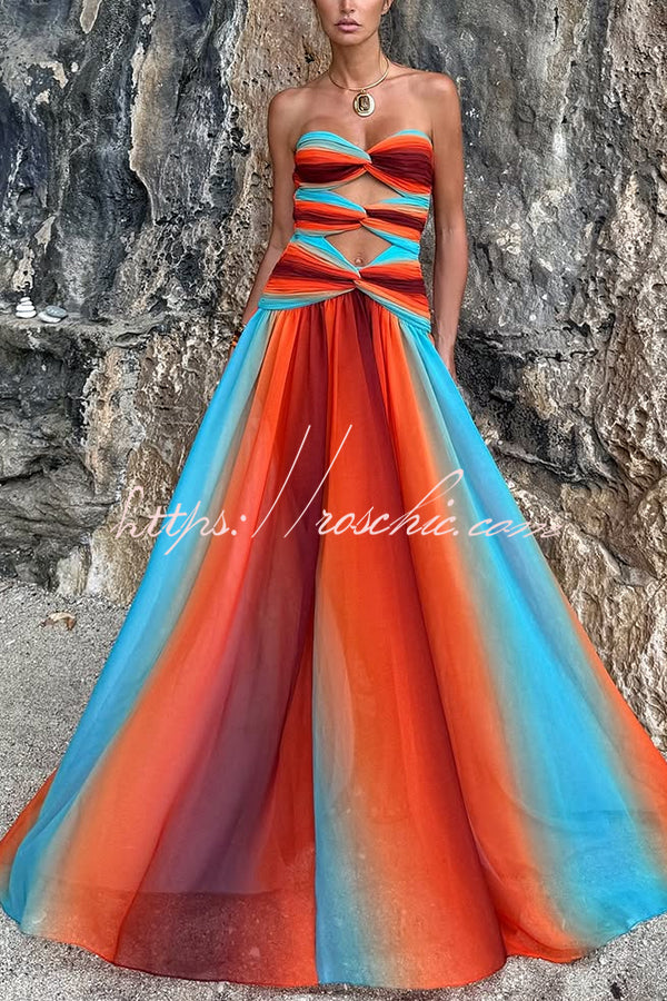 Sardinia Sunset Mesh Printed Twist Cutout Off Shoulder Vacation Maxi Dress, Orange / S Sardinia Sunset Mesh Printed Twist Cutout Off Shoulder Vacation Maxi Dress, Orange / S