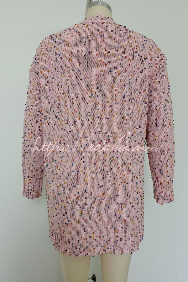 Aminga Colorful Spotted Pocket Crochet Long Sleeved Cardigan