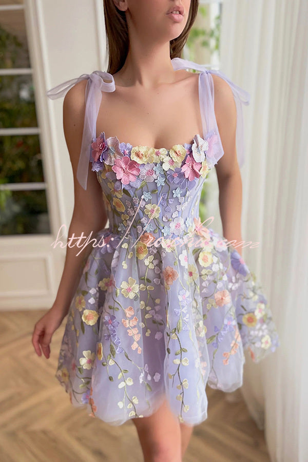 Lavender Floral Lace Up High Waisted Back Zip Mini Dress