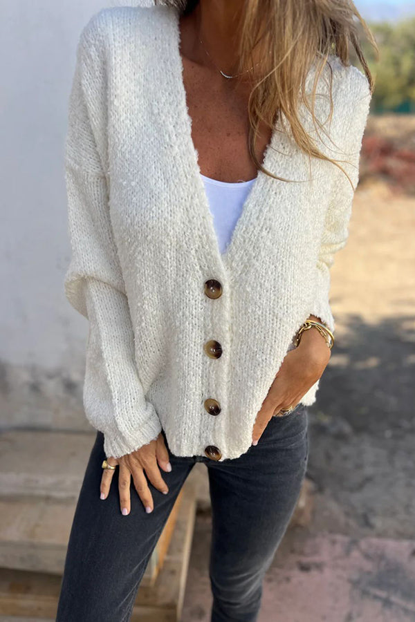 Solid Color V-neck Long-sleeved Fashionable Knitted Cardigan