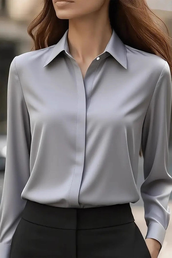 Solid Color Satin Lapel Long-sleeved Casual Shirt