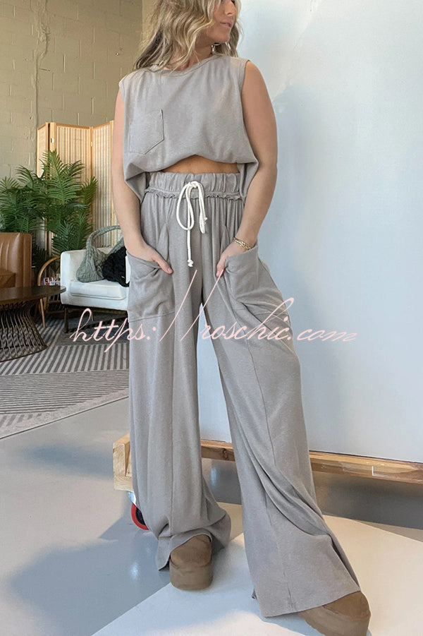 Best Comfort Pocketed Tank Top and Elastic Waist Wide Leg Pants Set