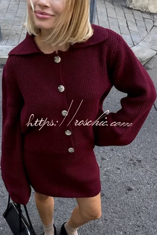 Fashion Lapel Bell Sleeve Knitted Cardigan and Casual Mini Skirt Set
