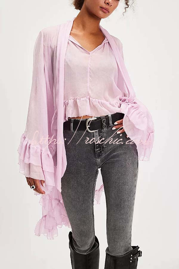 Flowy See-through Ruffle Tie-up Neck Bell Sleeve High-low Hem Cape Shirt