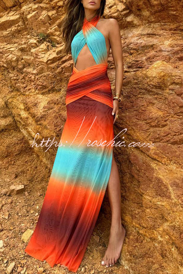 Neon Sunset Mesh Printed Cross Halter Neck Backless Vacation Maxi Dress