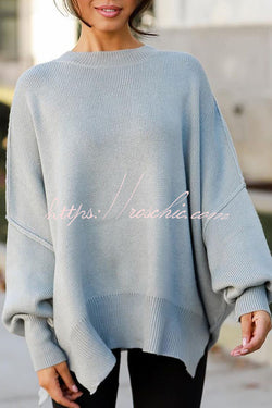 Distressed Knit Side Slit Long Sleeve Pullover Sweater