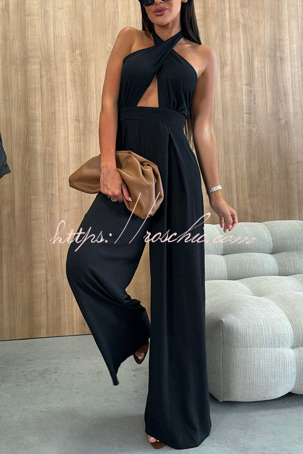Easy Mode Cross-neck Halter Strap Backless Wide Leg Jumpsuit