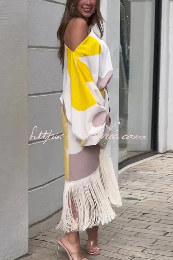 Unique Printed Balloon Sleeve Loose Top and Fringed Hem Skirt Set