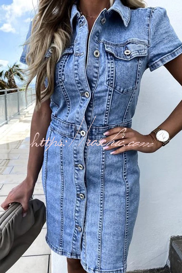 High Waist Single Breasted Denim Mini Dress