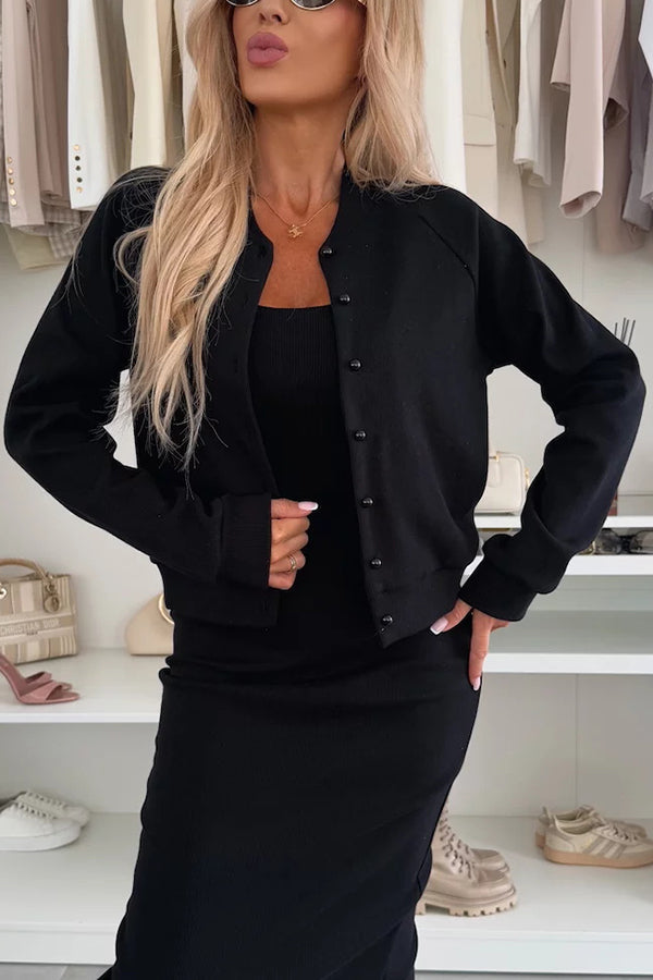 Comfort and Femininity Knit Ribbed Button Up Long Sleeve Bomber Jacket